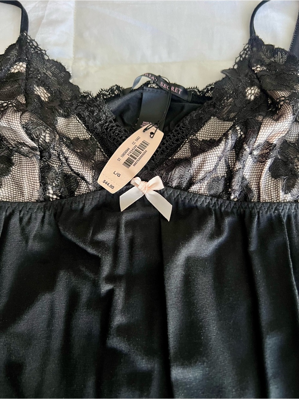 Victoria's Secret Black Satin & Lace Chemise with Cream Bow